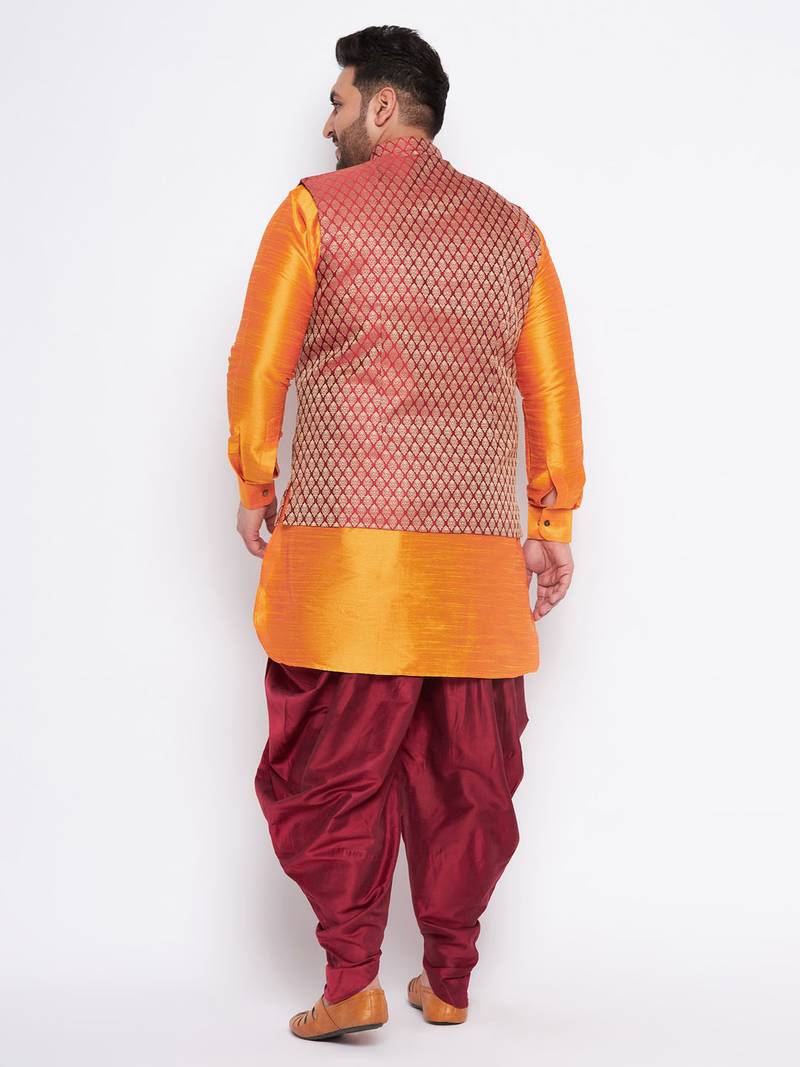 Plus orange silk blend jacket kurta dhoti set