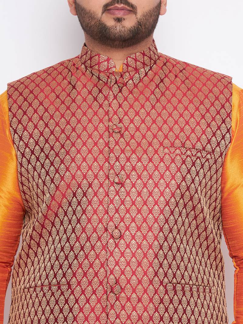Plus orange silk blend jacket kurta dhoti set