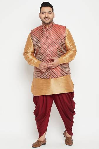 rose gold, maroon and white silk blend jacket kurta dhoti set