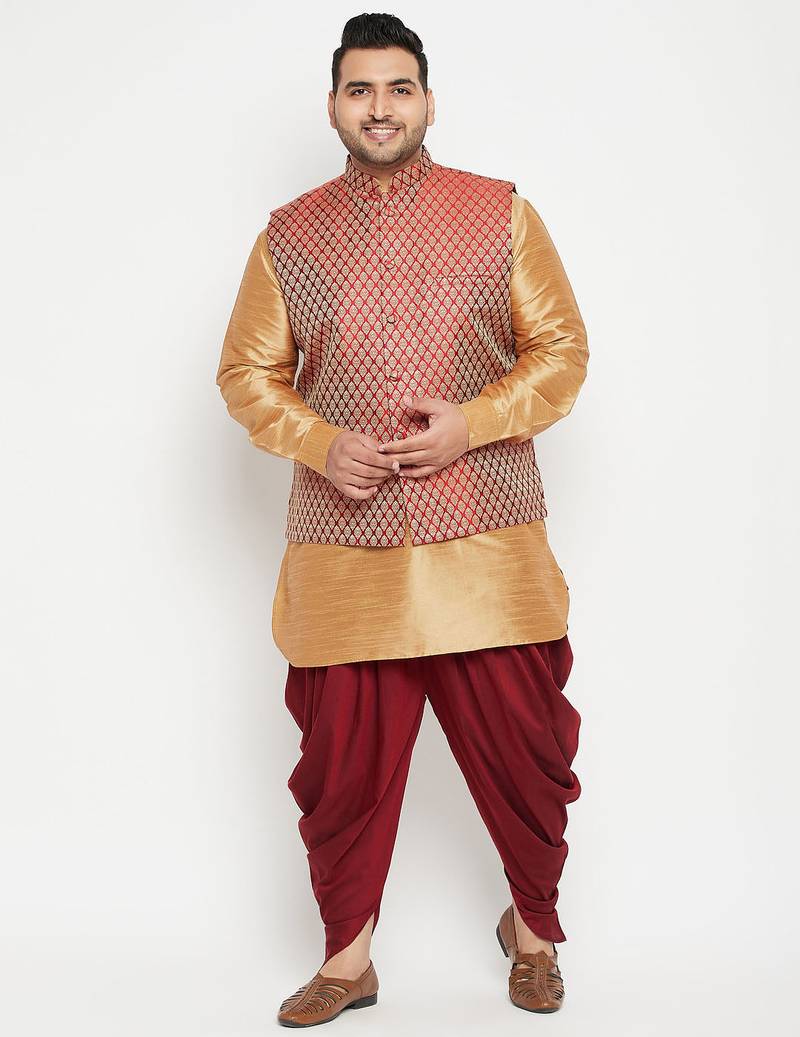 Plus rose gold, maroon and white silk blend jacket kurta dhoti set