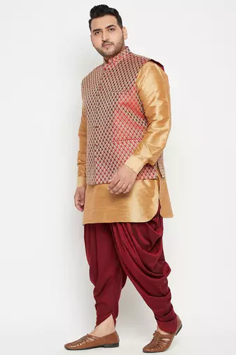rose gold, maroon and white silk blend jacket kurta dhoti set