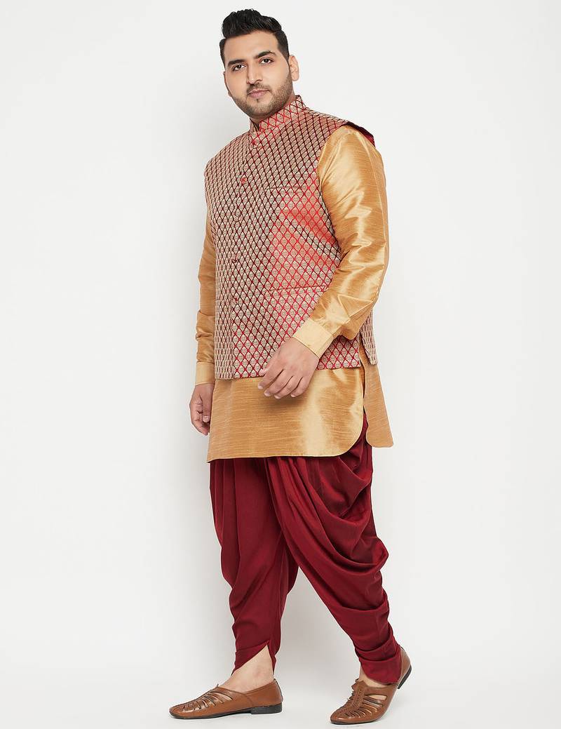 Plus rose gold, maroon and white silk blend jacket kurta dhoti set