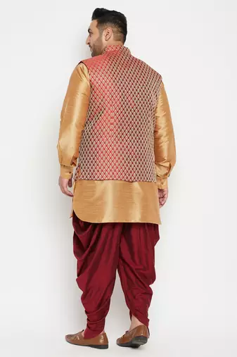 rose gold, maroon and white silk blend jacket kurta dhoti set