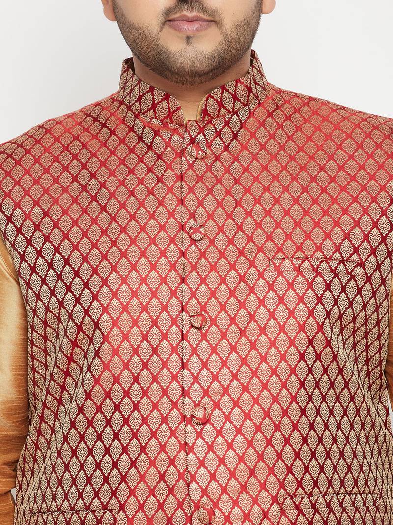Plus rose gold, maroon and white silk blend jacket kurta dhoti set