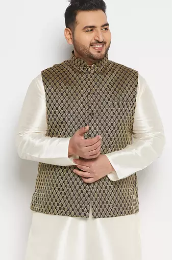 Plus black and gold silk blend nehru jacket