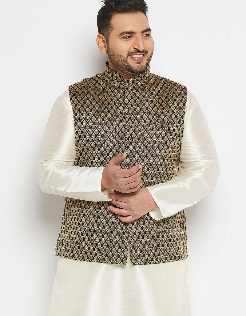 Plus black and gold silk blend nehru jacket