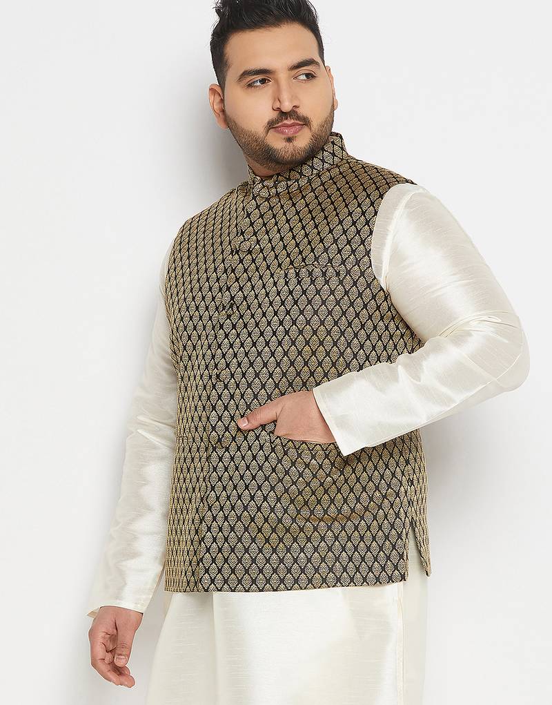 Plus black and gold silk blend nehru jacket