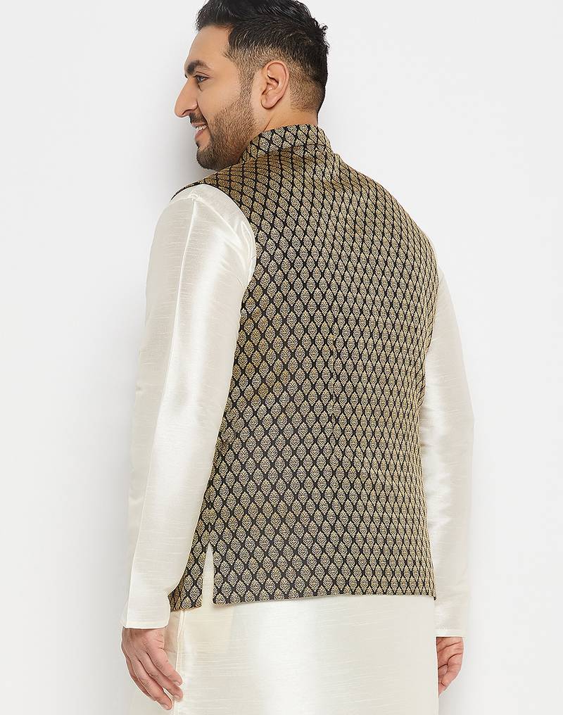 Plus black and gold silk blend nehru jacket