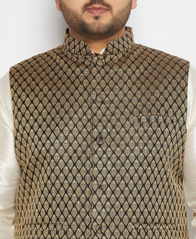 Plus black and gold silk blend nehru jacket