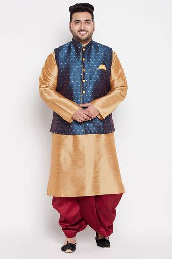 rose gold,blue and maroon silk blend jacket kurta dhoti set
