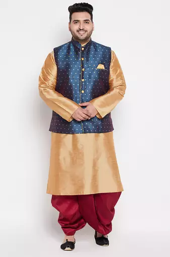 Plus rose gold,blue and maroon silk blend jacket kurta dhoti set