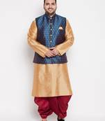 rose gold,blue and maroon silk blend jacket kurta dhoti set
