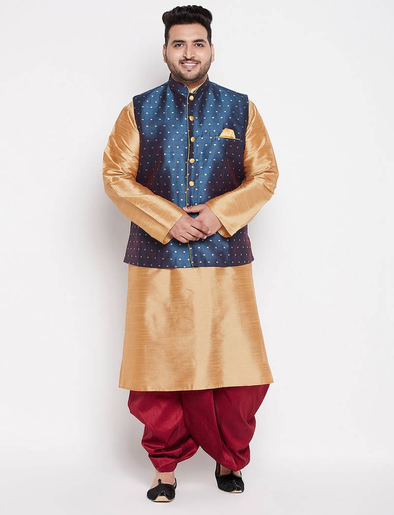 Plus rose gold,blue and maroon silk blend jacket kurta dhoti set