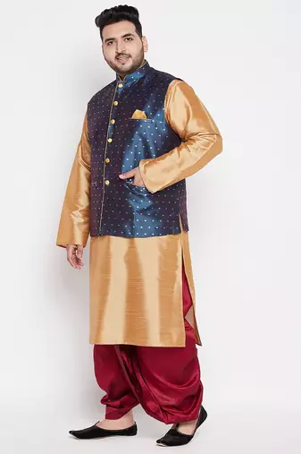 rose gold,blue and maroon silk blend jacket kurta dhoti set