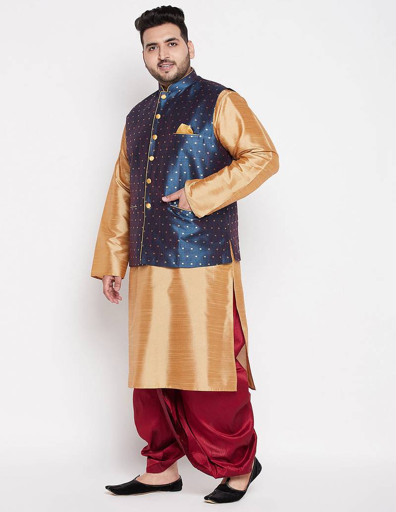 Plus rose gold,blue and maroon silk blend jacket kurta dhoti set