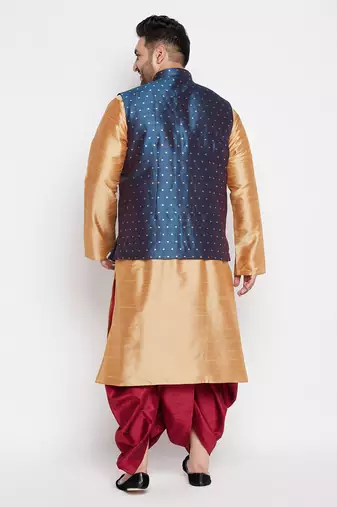 rose gold,blue and maroon silk blend jacket kurta dhoti set