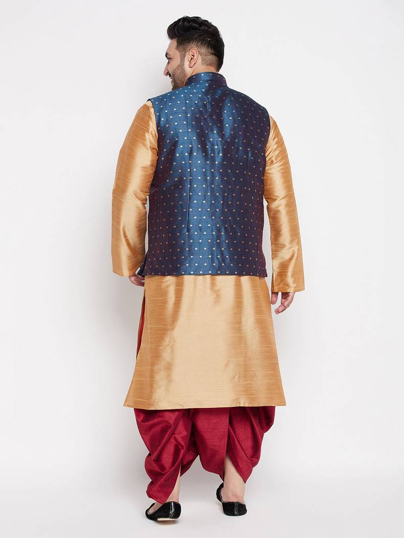 Plus rose gold,blue and maroon silk blend jacket kurta dhoti set