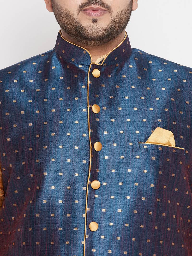 Plus rose gold,blue and maroon silk blend jacket kurta dhoti set
