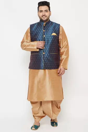 Plus rose gold and blue silk blend jacket kurta dhoti set