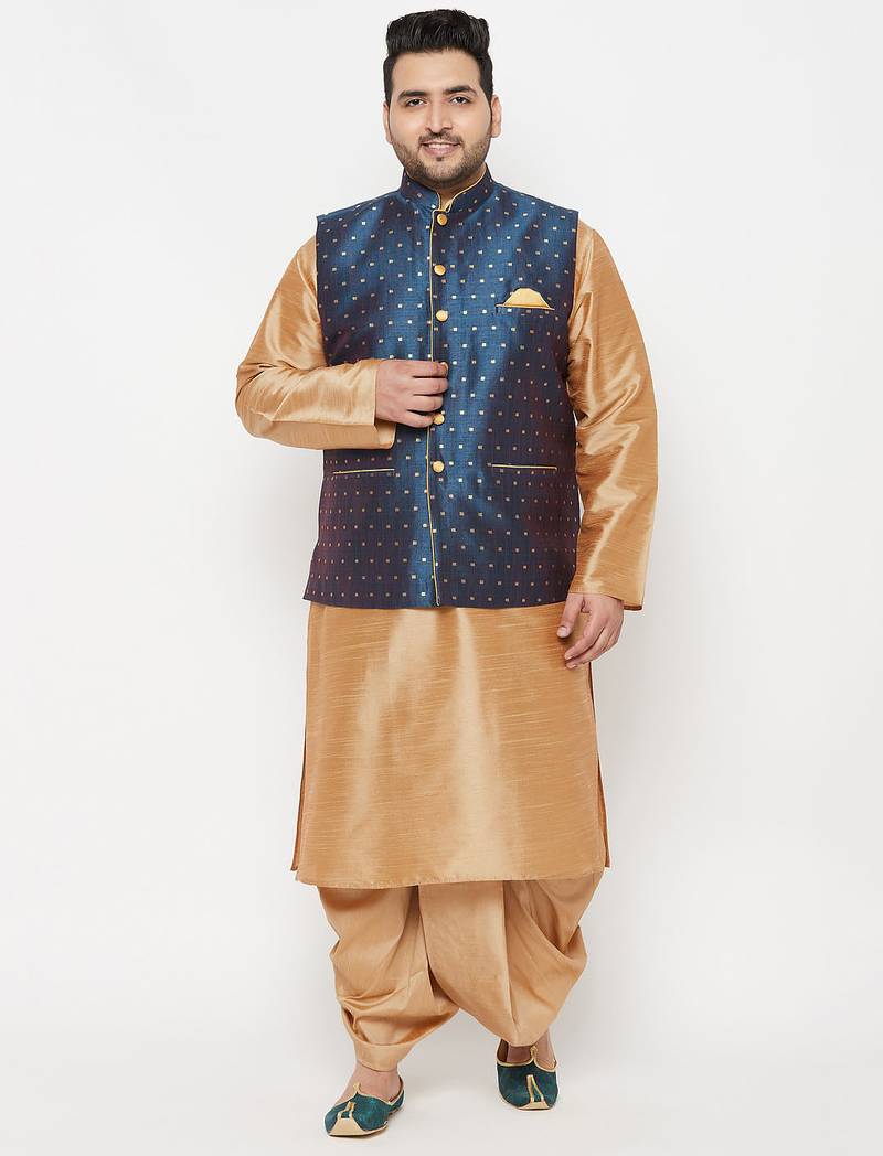Plus rose gold and blue silk blend jacket kurta dhoti set