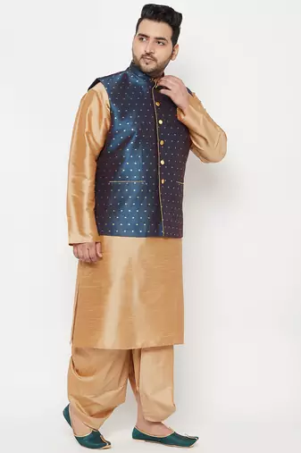 rose gold and blue silk blend jacket kurta dhoti set