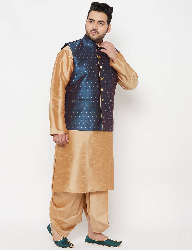 Plus rose gold and blue silk blend jacket kurta dhoti set