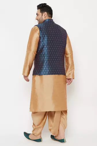 rose gold and blue silk blend jacket kurta dhoti set