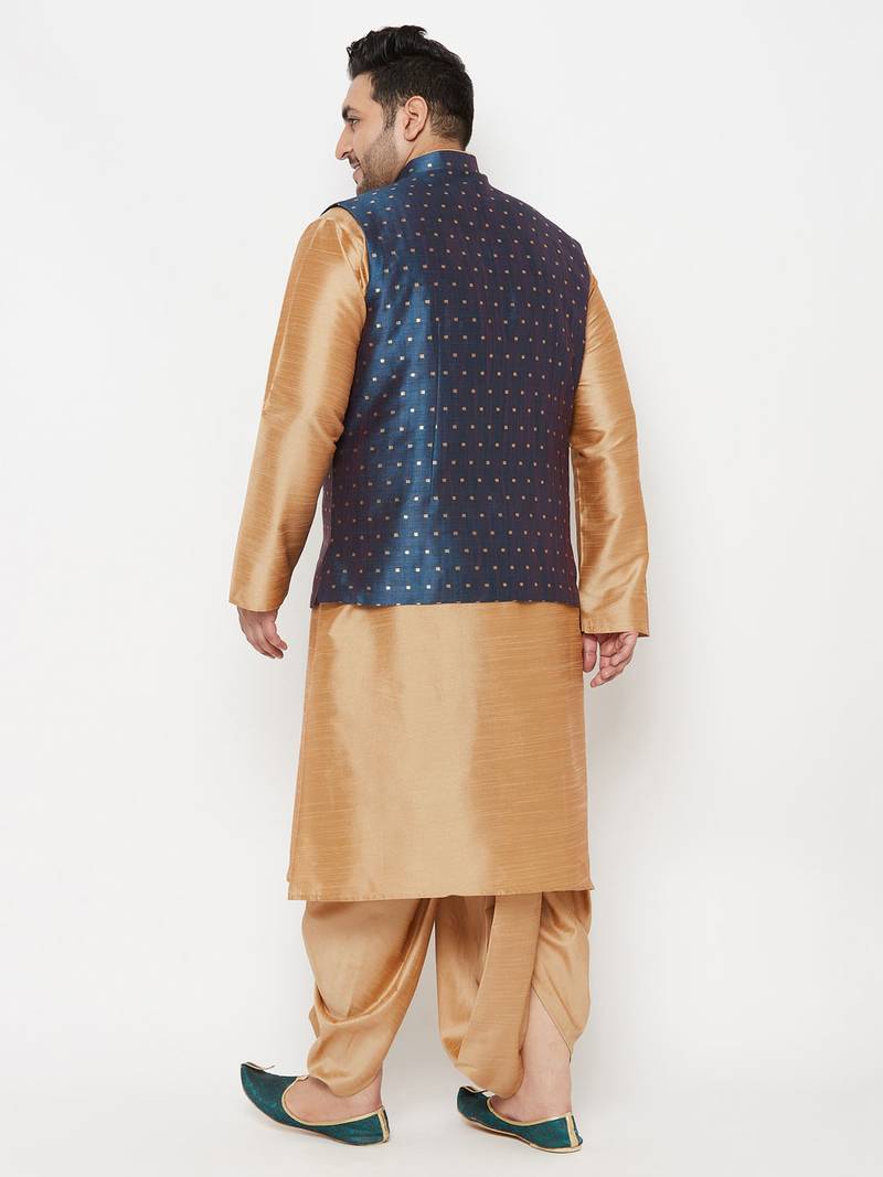 Plus rose gold and blue silk blend jacket kurta dhoti set