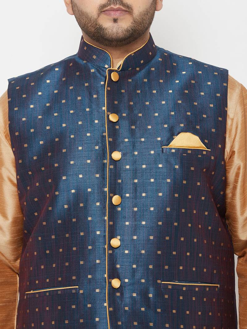 Plus rose gold and blue silk blend jacket kurta dhoti set