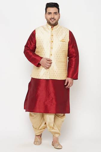 maroon and gold silk blend jacket kurta dhoti set