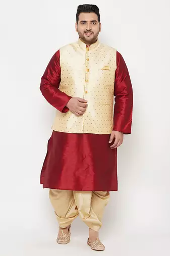 Plus maroon and gold silk blend jacket kurta dhoti set