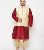 maroon and gold silk blend jacket kurta dhoti set