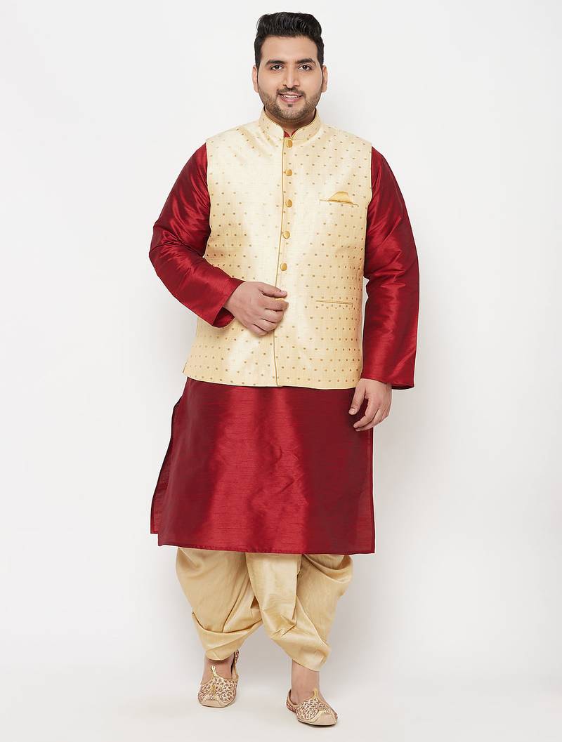 Plus maroon and gold silk blend jacket kurta dhoti set