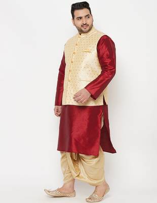 maroon and gold silk blend jacket kurta dhoti set 2