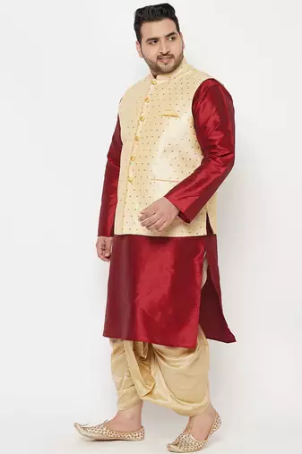 maroon and gold silk blend jacket kurta dhoti set