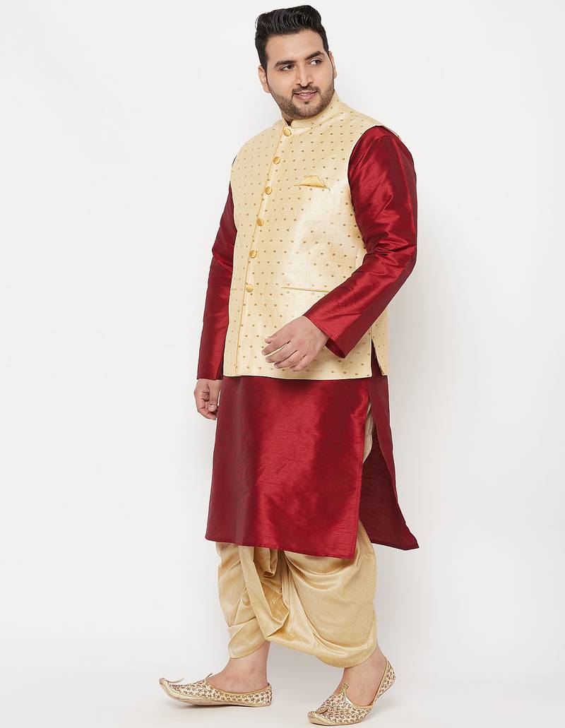 Plus maroon and gold silk blend jacket kurta dhoti set