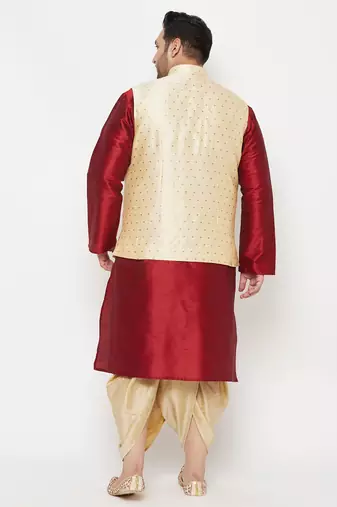maroon and gold silk blend jacket kurta dhoti set