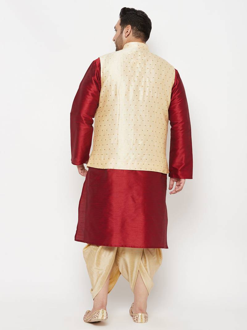 Plus maroon and gold silk blend jacket kurta dhoti set