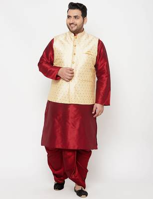 maroon and gold silk blend jacket kurta dhoti set 1