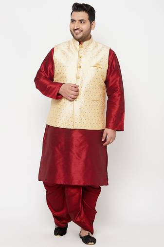 maroon and gold silk blend jacket kurta dhoti set