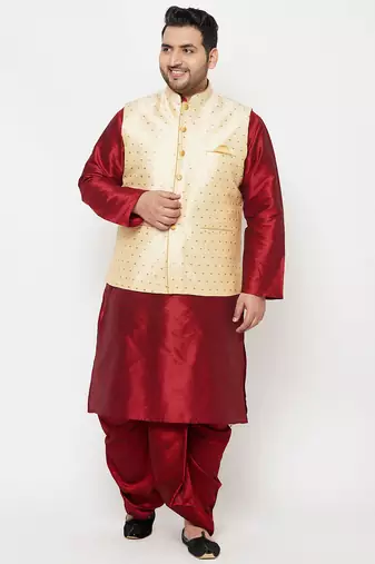 Plus maroon and gold silk blend jacket kurta dhoti set