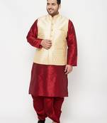 maroon and gold silk blend jacket kurta dhoti set