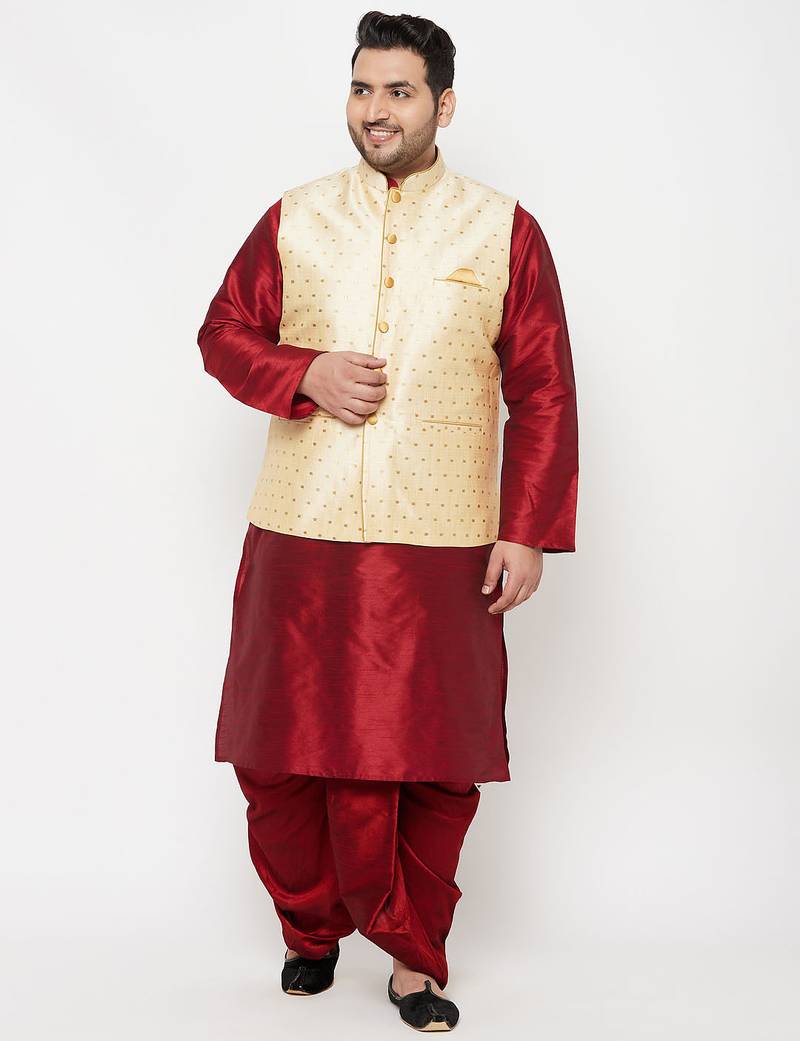 Plus maroon and gold silk blend jacket kurta dhoti set