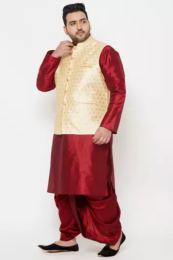 maroon and gold silk blend jacket kurta dhoti set