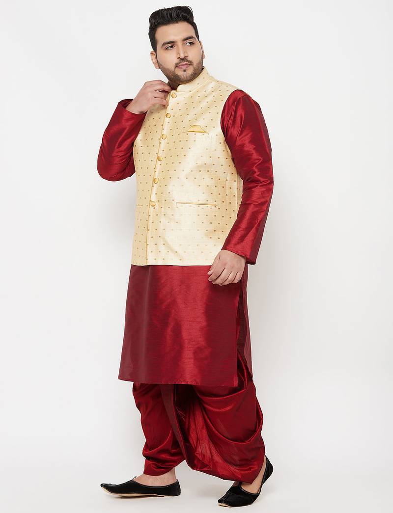 Plus maroon and gold silk blend jacket kurta dhoti set