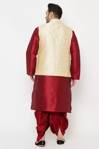 maroon and gold silk blend jacket kurta dhoti set
