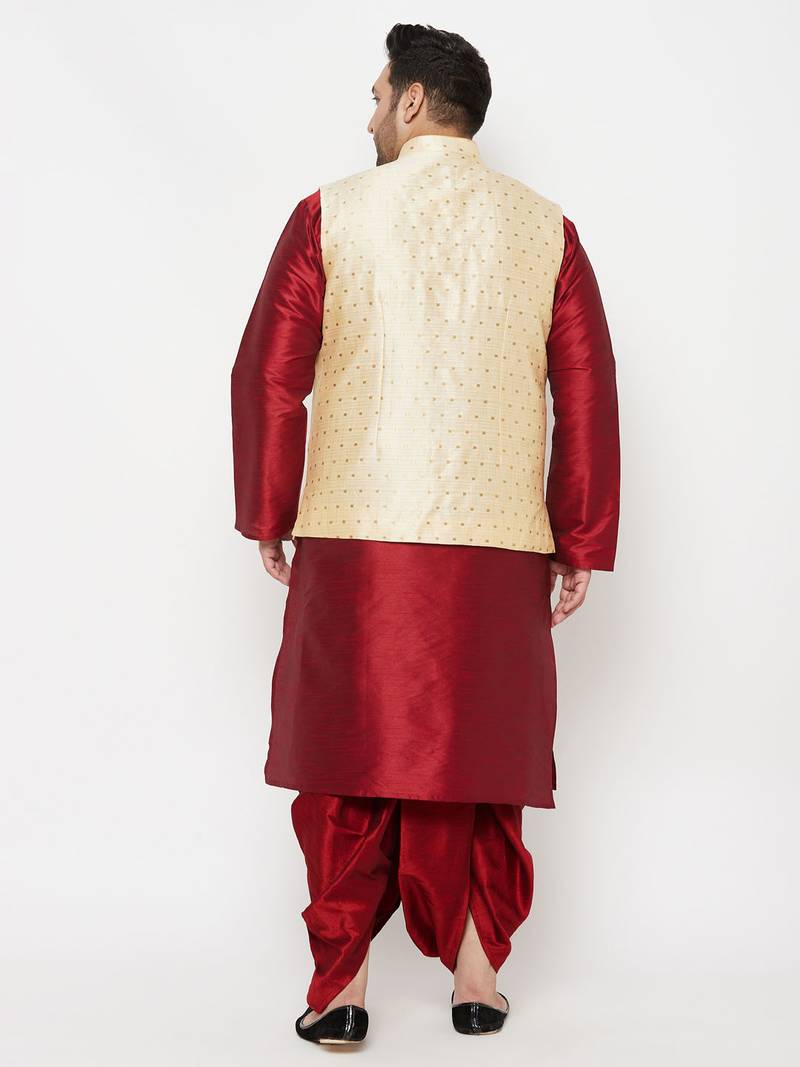 Plus maroon and gold silk blend jacket kurta dhoti set