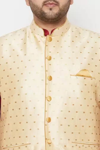 maroon and gold silk blend jacket kurta dhoti set