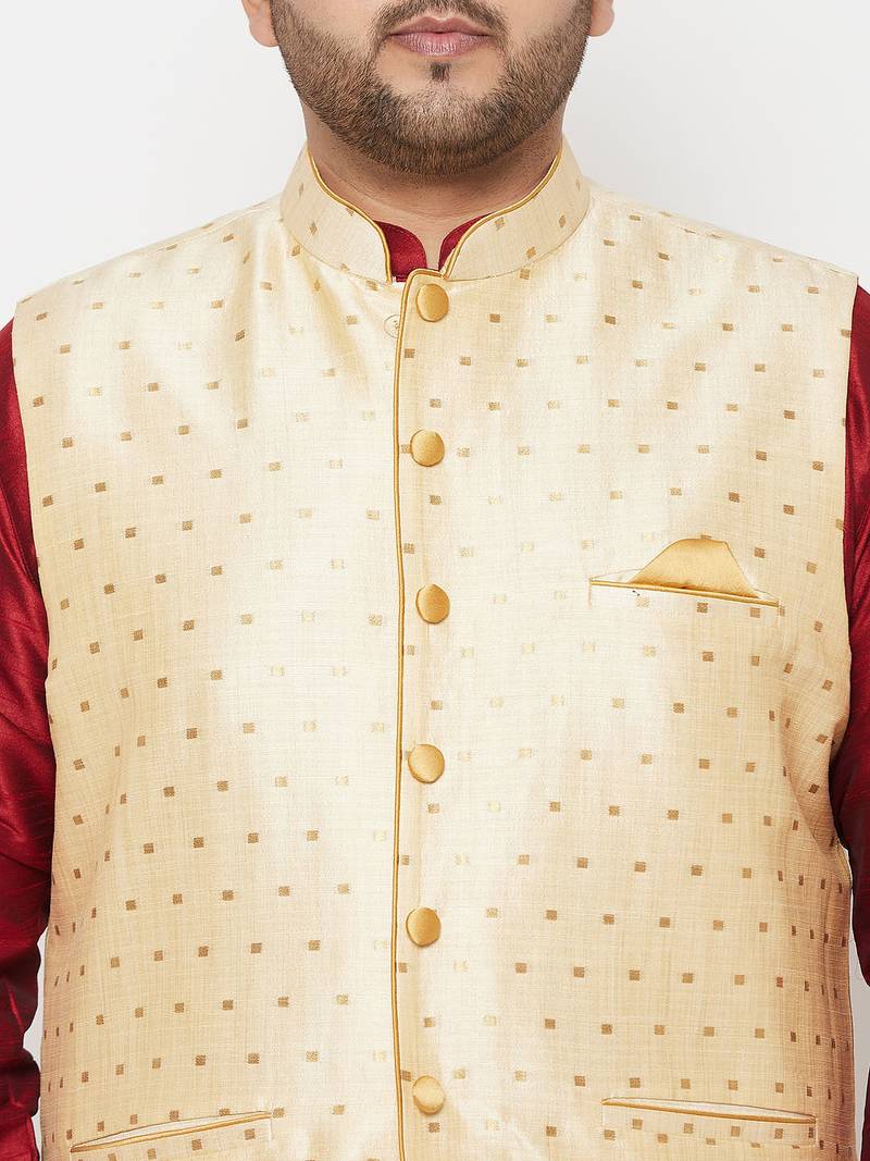 Plus maroon and gold silk blend jacket kurta dhoti set