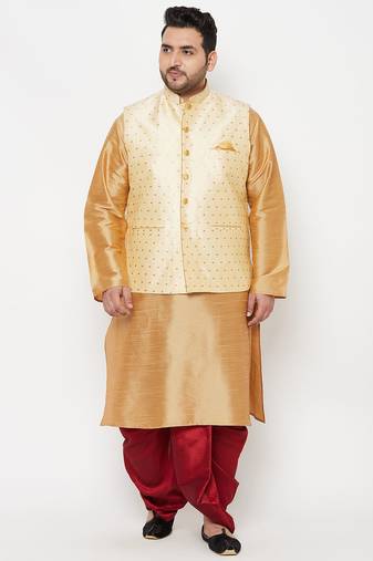 maroon and gold silk blend jacket kurta dhoti set